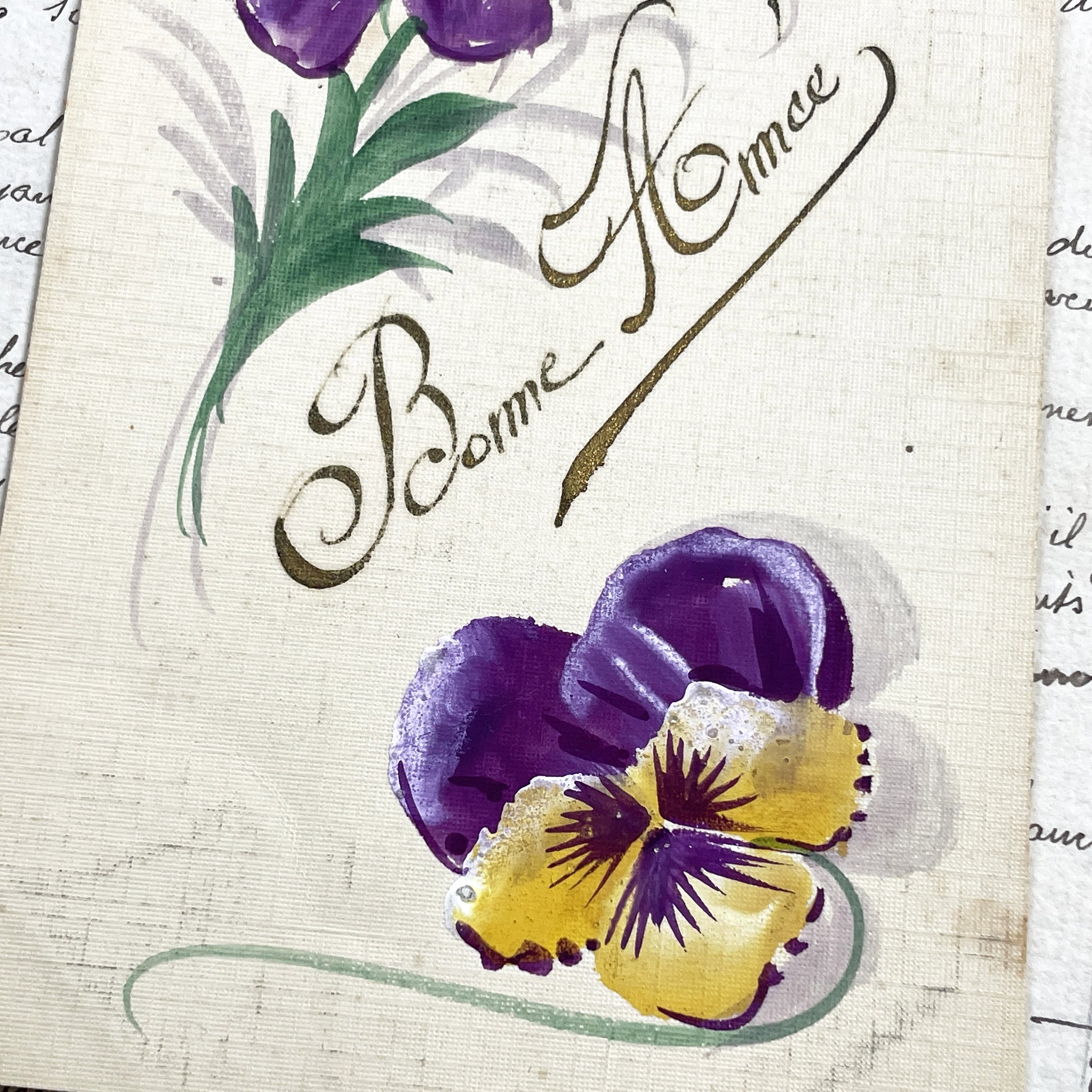 1900s - Antique French Bonne Année Postcard - Hand-Painted Pansies & Purple Violets - Vintage New Year Greeting Card Art