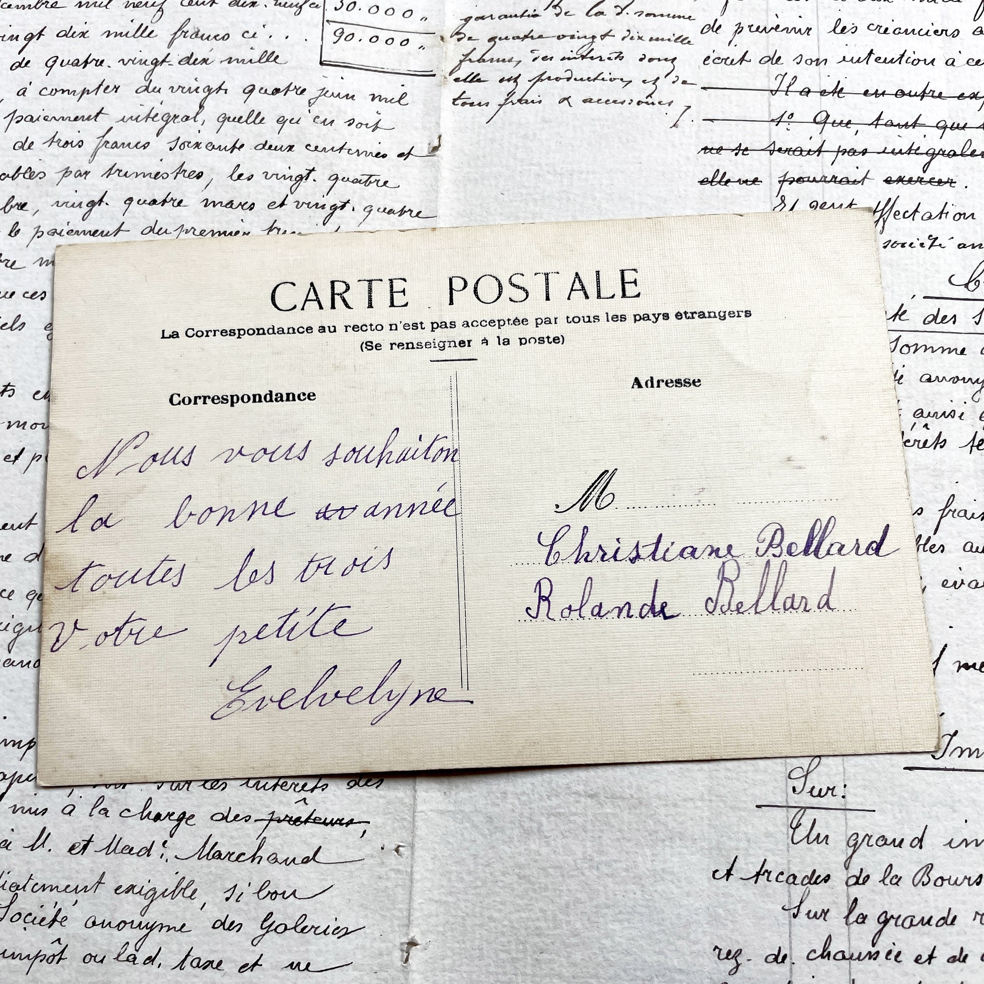 1900s - Antique French Bonne Année Postcard - Hand-Painted Pansies & Purple Violets - Vintage New Year Greeting Card Art