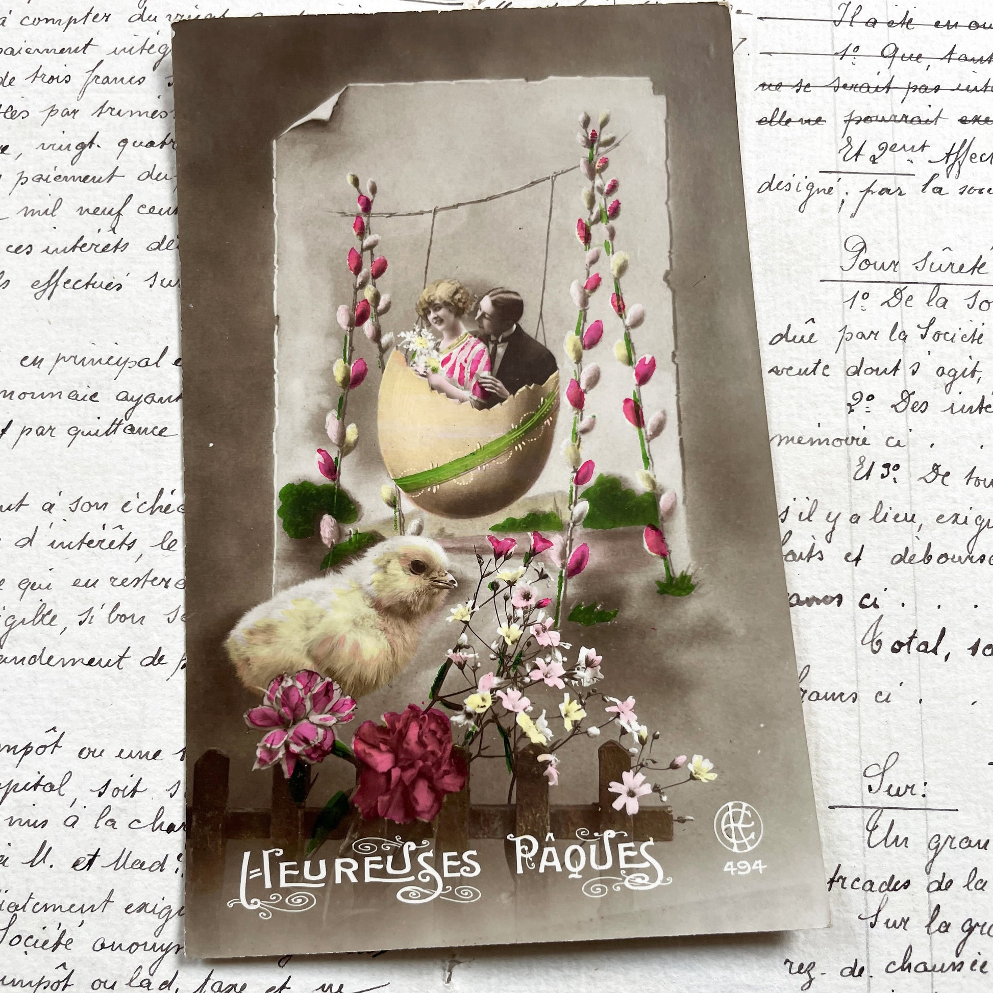 1920s - Vintage French Easter Postcard - Couple In Eggshell Swing - Pussy Willows & Chick - Antique Holiday Ephemera Collectible