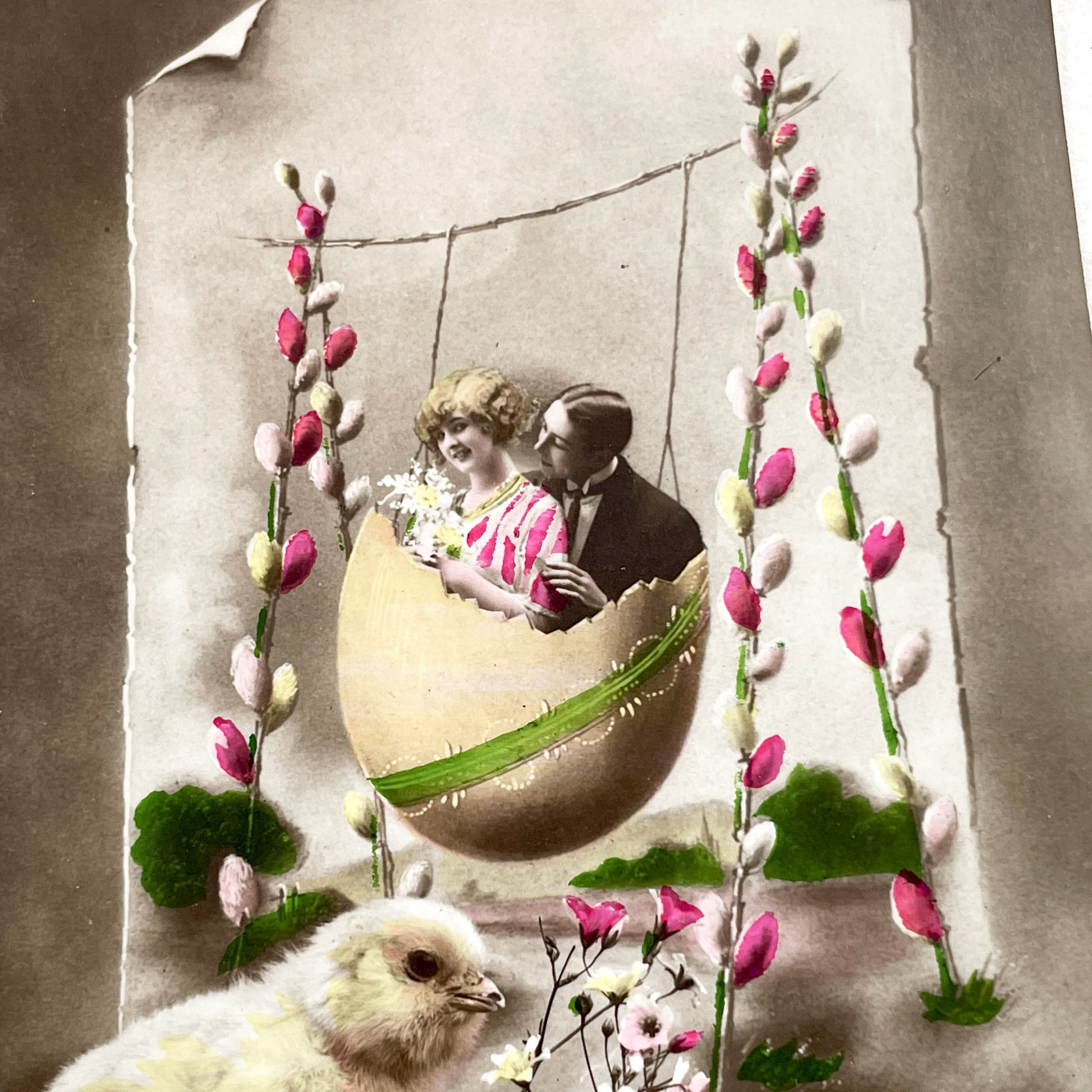 1920s - Vintage French Easter Postcard - Couple In Eggshell Swing - Pussy Willows & Chick - Antique Holiday Ephemera Collectible
