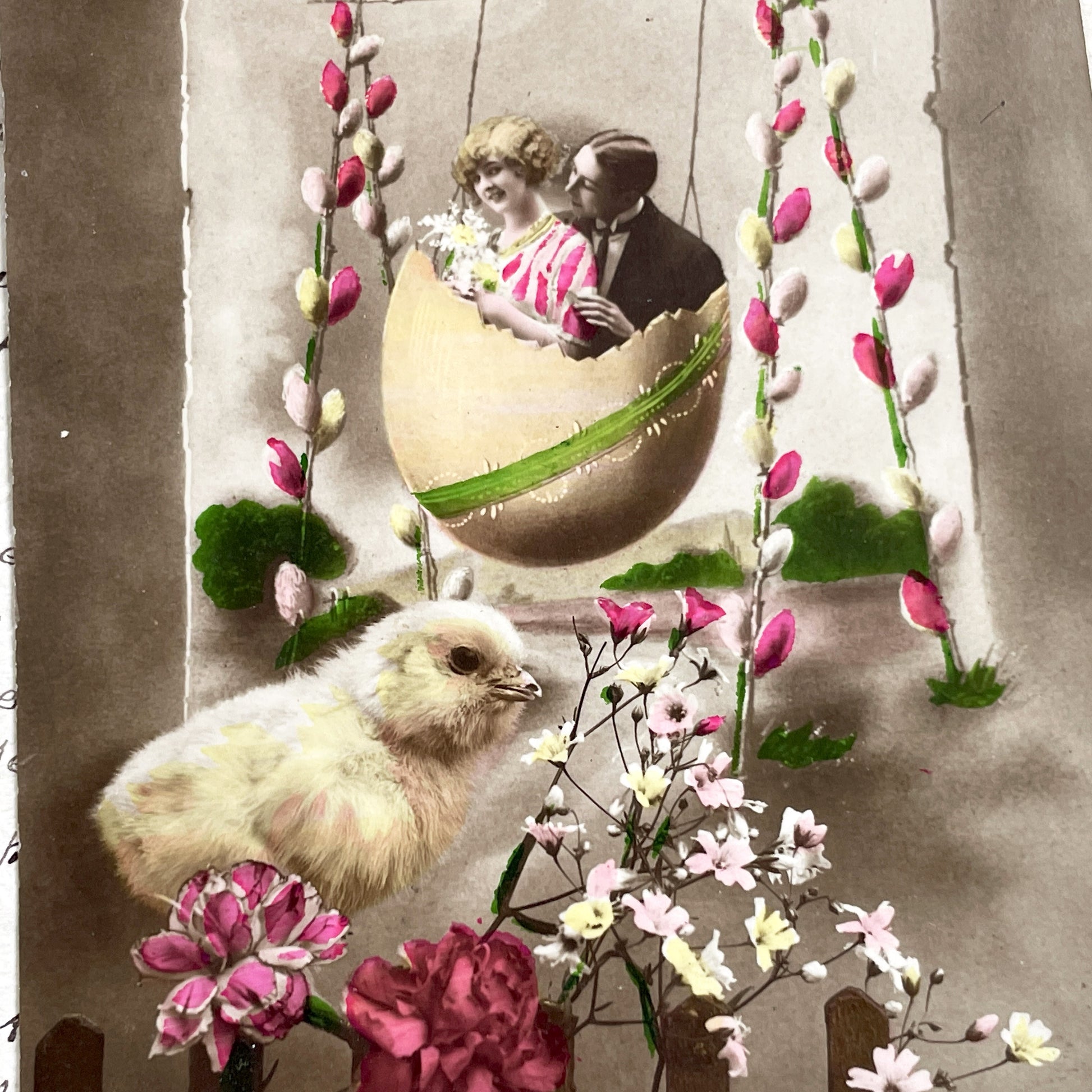 1920s - Vintage French Easter Postcard - Couple In Eggshell Swing - Pussy Willows & Chick - Antique Holiday Ephemera Collectible