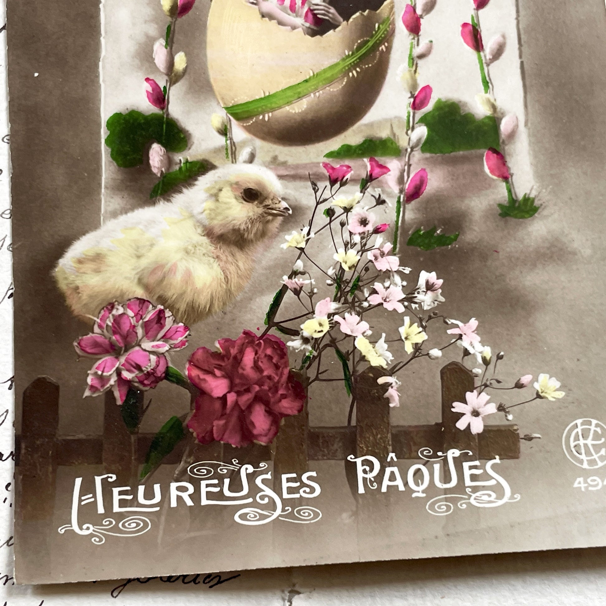 1920s - Vintage French Easter Postcard - Couple In Eggshell Swing - Pussy Willows & Chick - Antique Holiday Ephemera Collectible