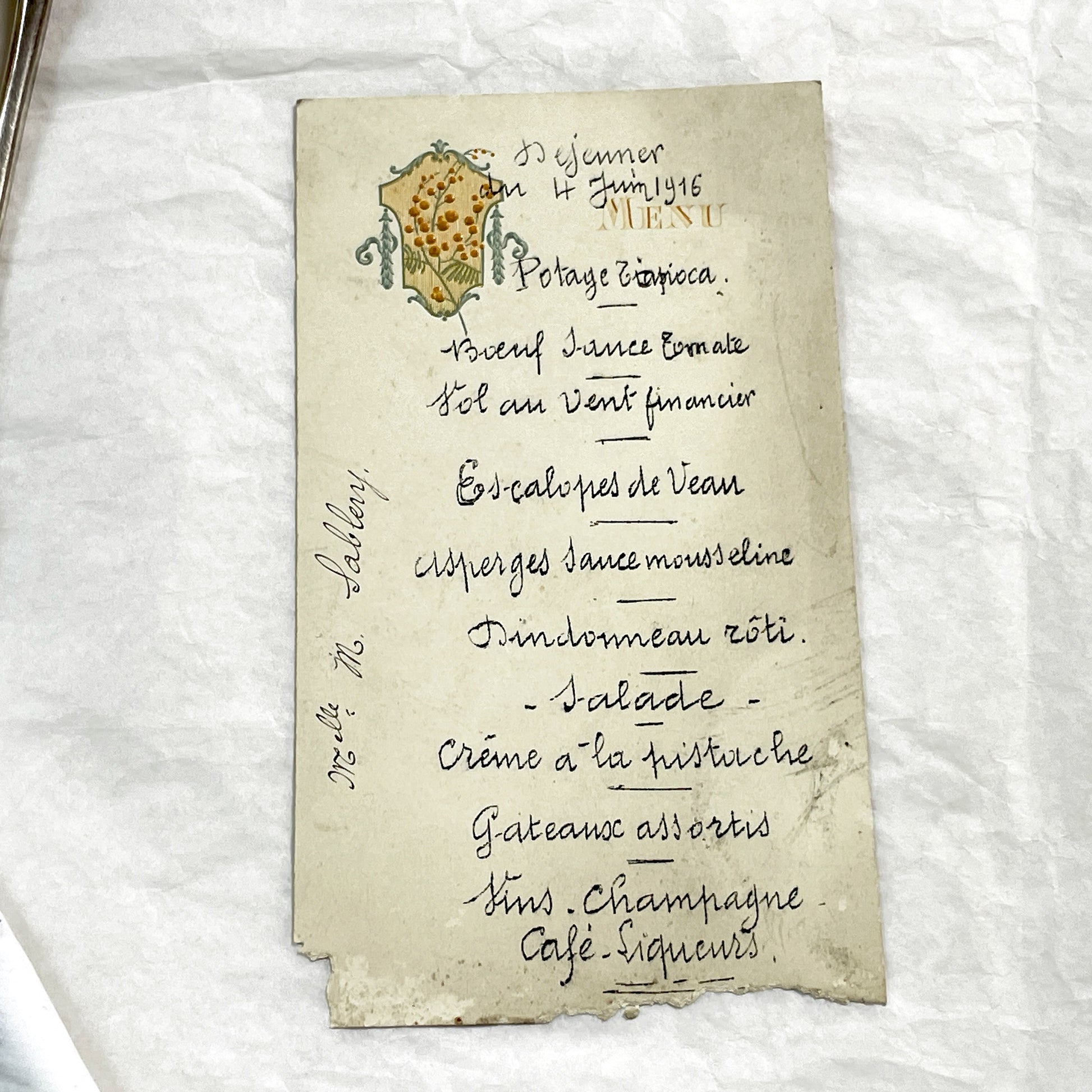 1910s - Vintage Handwritten Menu Card from June 1916 - French Culinary History - Elegant Formal Dining Event - World War One Era Document.
