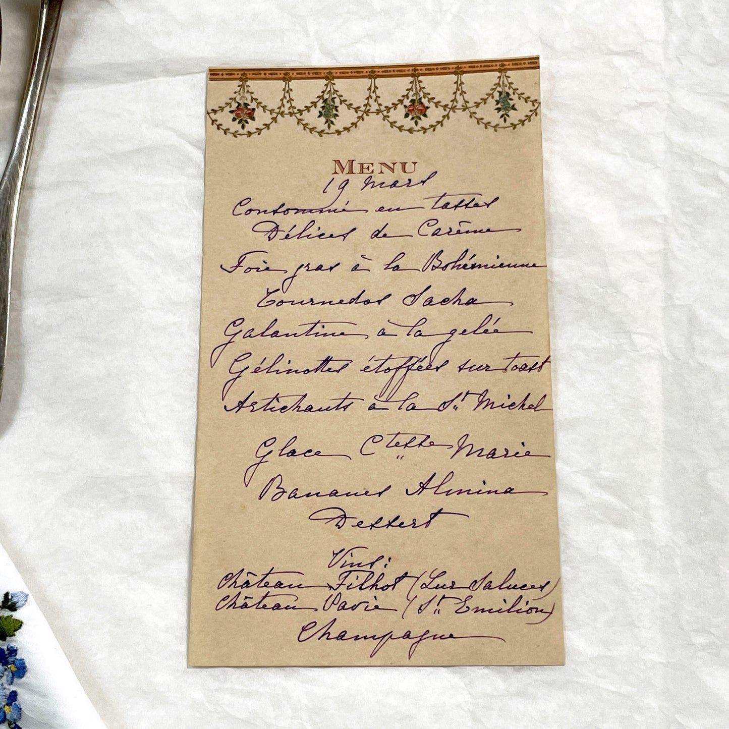1910s - Vintage French Cuisine Menu - Handwritten Dinner Party Card - Elegant Fine Dining Culinary History Document - March 19th Wines
