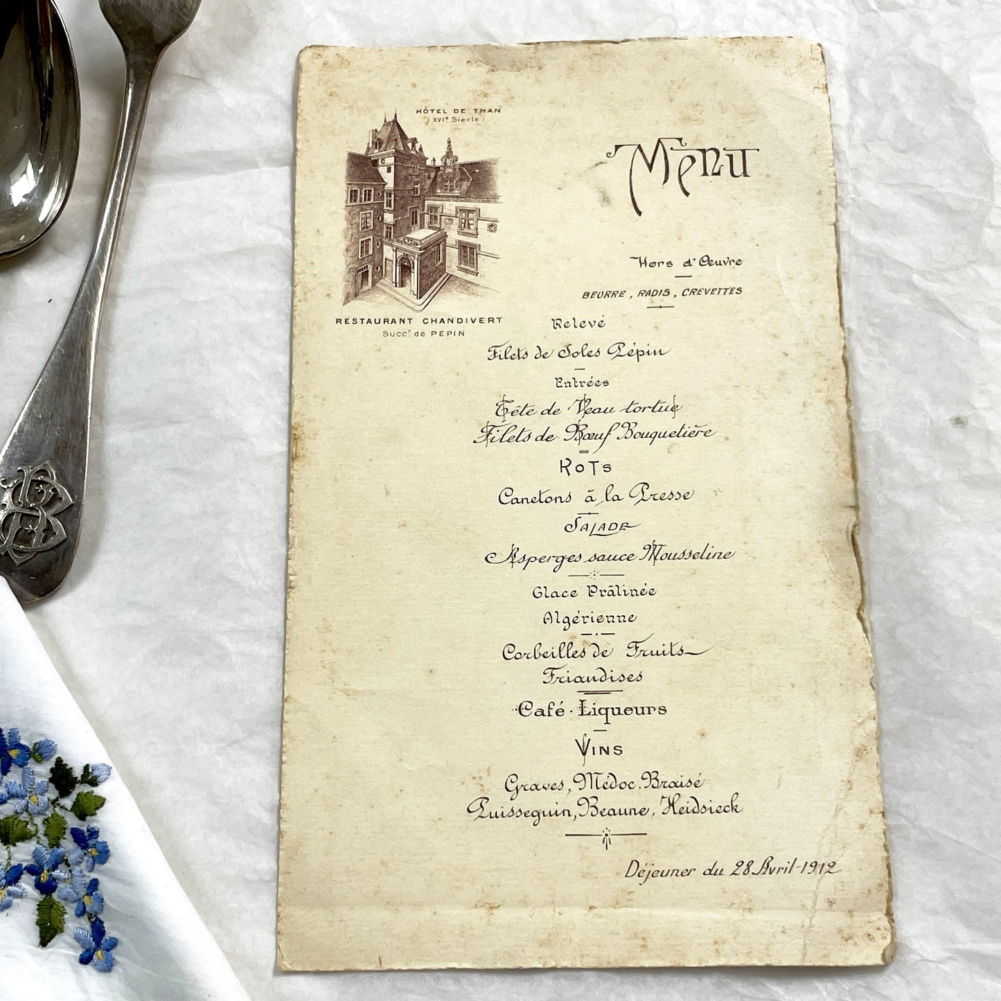 1910s - Large French Restaurant Menu Chandivert 1912 - Fine Dining Culinary Souvenir from Hôtel de Than - Elegant Ephemera