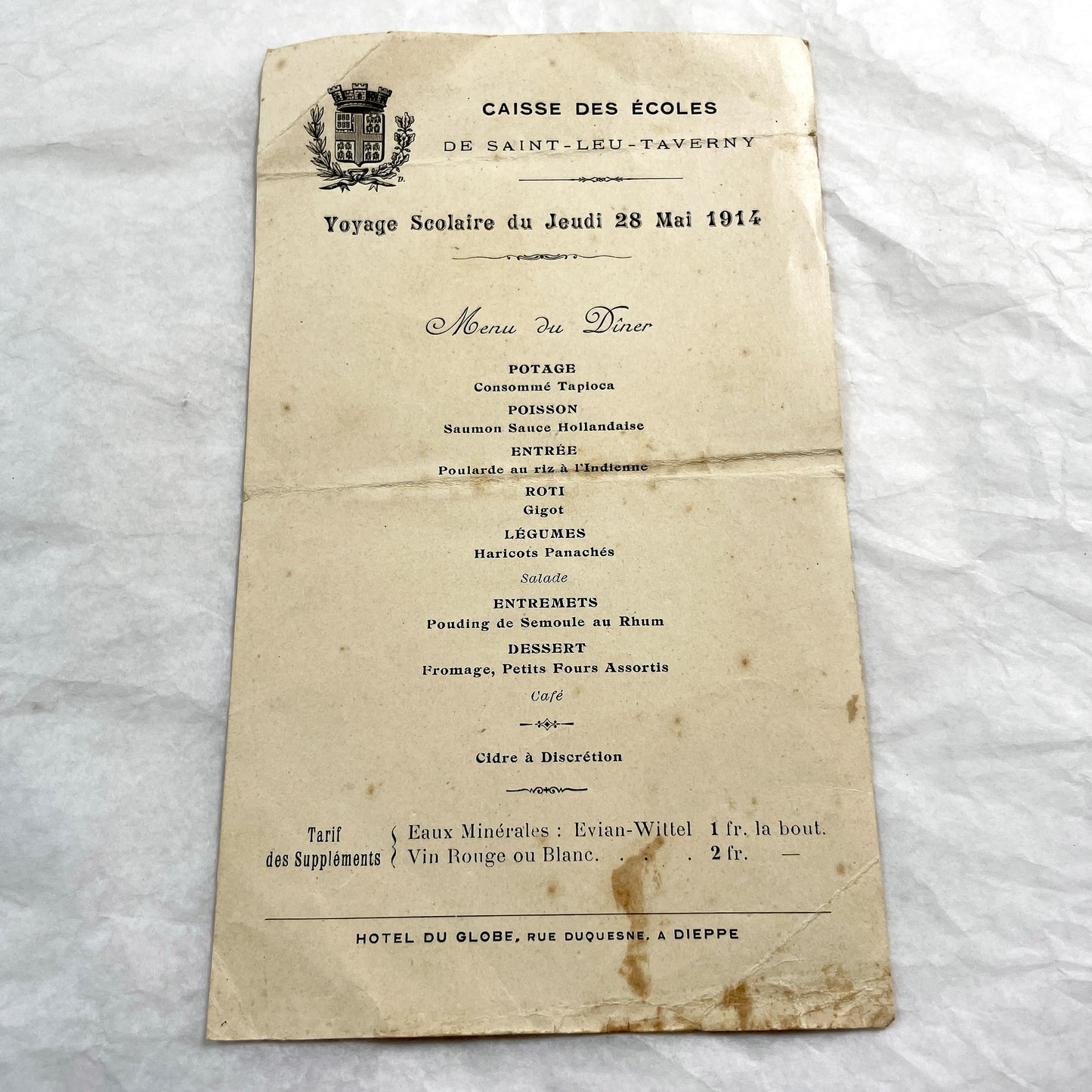 1910s - Historic French School Trip Dinner Menu from Hotel Globe Dieppe - Culinary Ephemera - Pre-WWI Student Travel Document