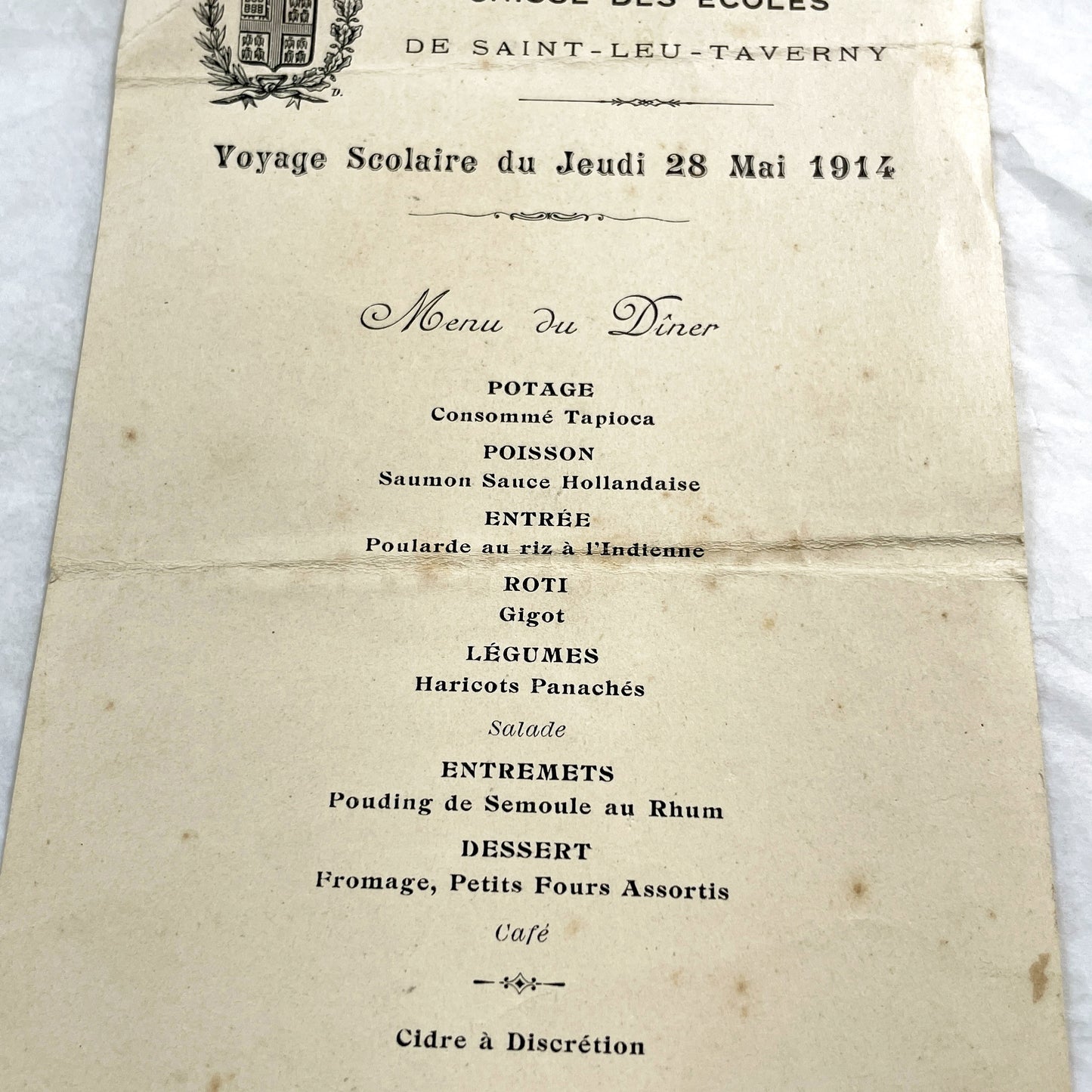 1910s - Historic French School Trip Dinner Menu from Hotel Globe Dieppe - Culinary Ephemera - Pre-WWI Student Travel Document