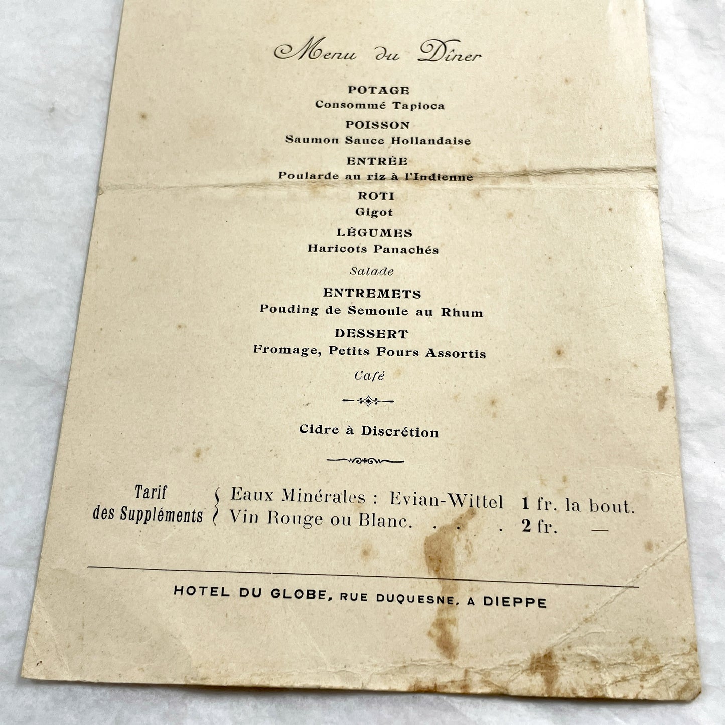 1910s - Historic French School Trip Dinner Menu from Hotel Globe Dieppe - Culinary Ephemera - Pre-WWI Student Travel Document