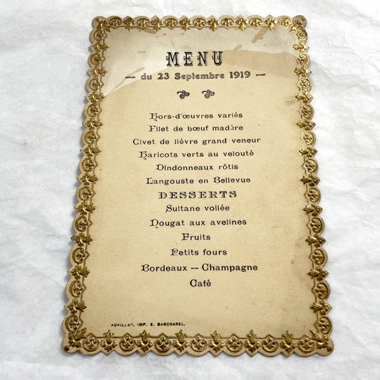 1910s - Vintage French Menu Card September 1919 - Ornate Gilt Embossed Border - Historical Culinary Artifact Collectible