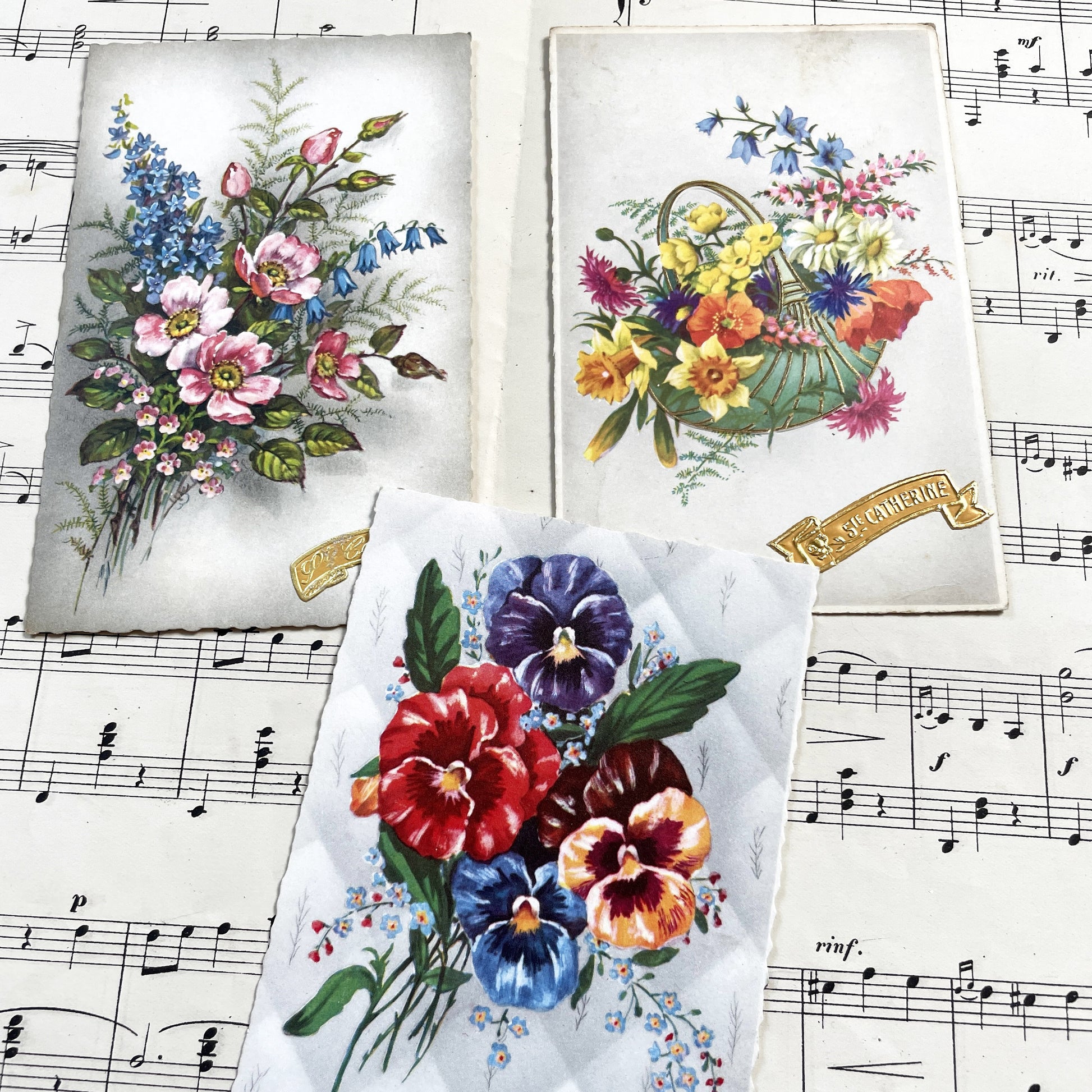 1950s - Three French Flowers Postcards - Sainte Catherine Card - Floral Art Prints - Ephemera Collectible