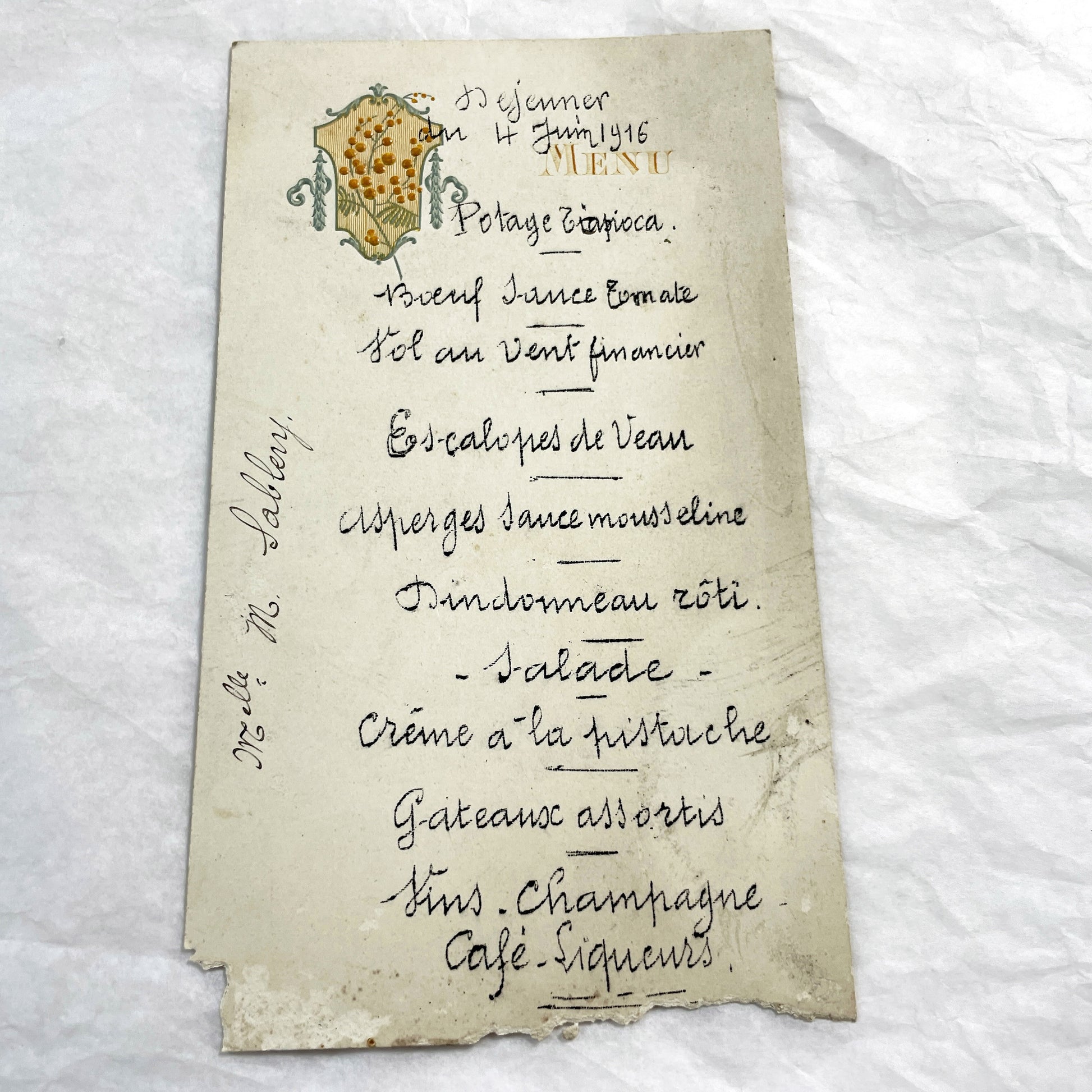 1910s - Vintage Handwritten Menu Card from June 1916 - French Culinary History - Elegant Formal Dining Event - World War One Era Document.