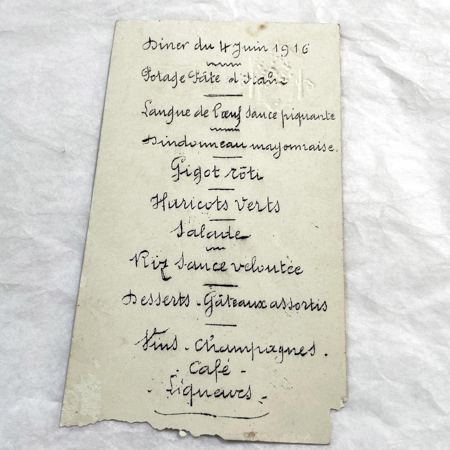 1910s - Vintage Handwritten Menu Card from June 1916 - French Culinary History - Elegant Formal Dining Event - World War One Era Document.