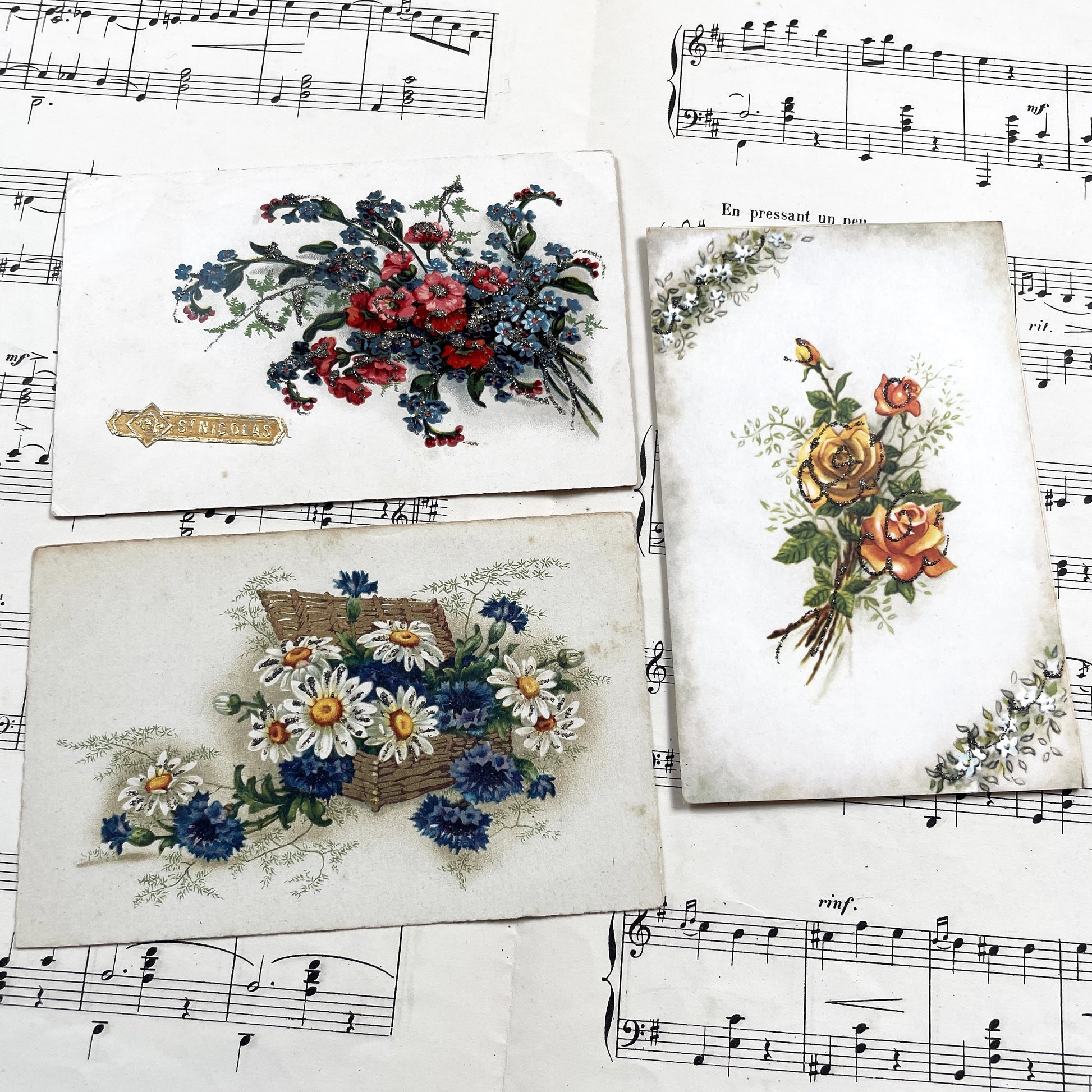 1940s - Trio Of Glitter Postcards - Antique Floral Bouquets Postcards - Shimmering Flowers - Saint Nicolas Greeting Card