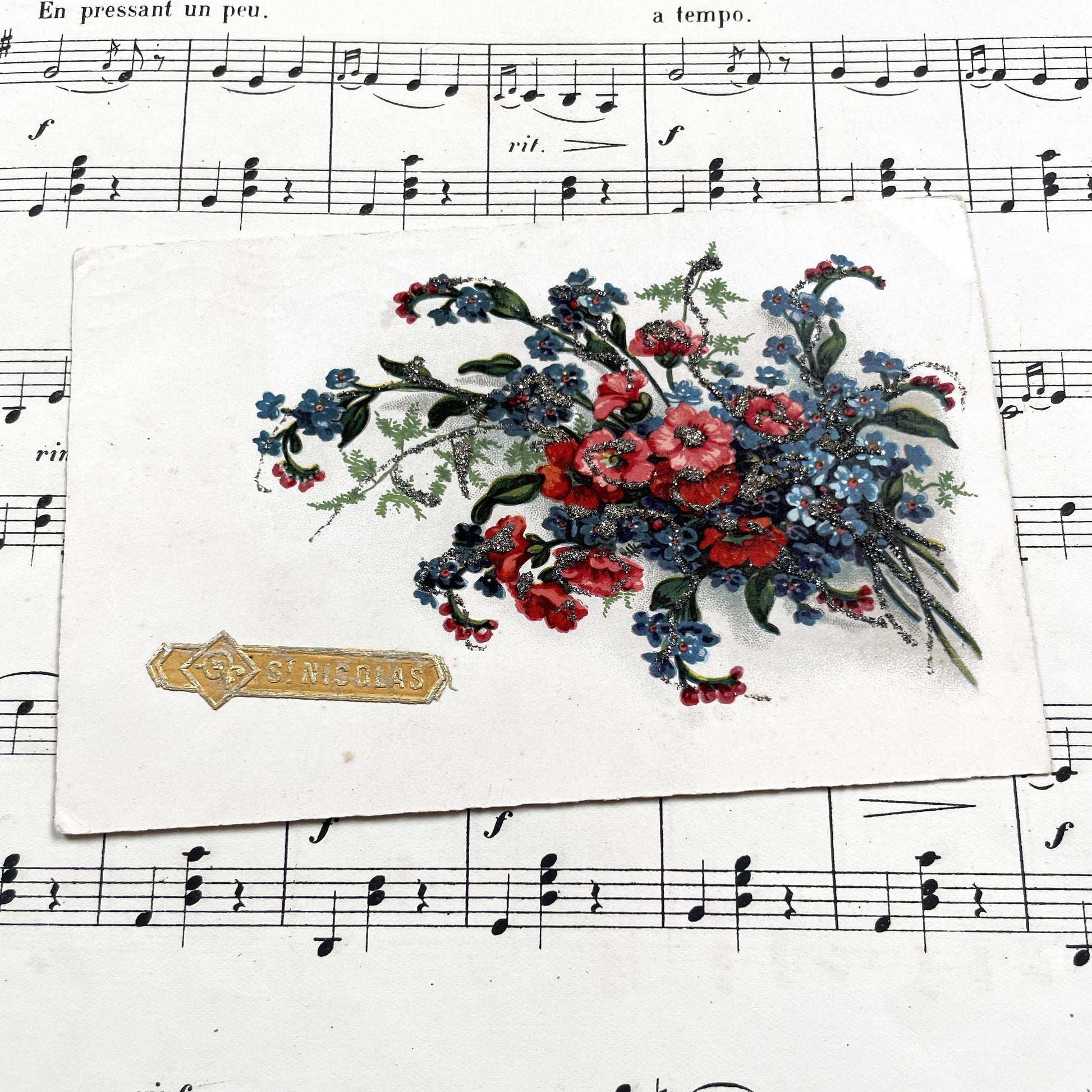 1940s - Trio Of Glitter Postcards - Antique Floral Bouquets Postcards - Shimmering Flowers - Saint Nicolas Greeting Card