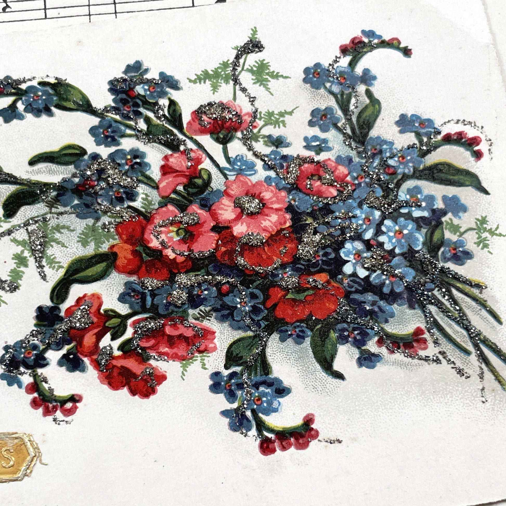 1940s - Trio Of Glitter Postcards - Antique Floral Bouquets Postcards - Shimmering Flowers - Saint Nicolas Greeting Card