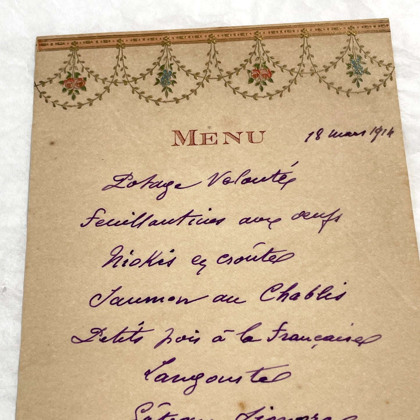 1910s - Historic Handwritten French Dinner Menu from 1914 - Elegant Culinary Document from France - Classic French Cuisine - Vintage Dining