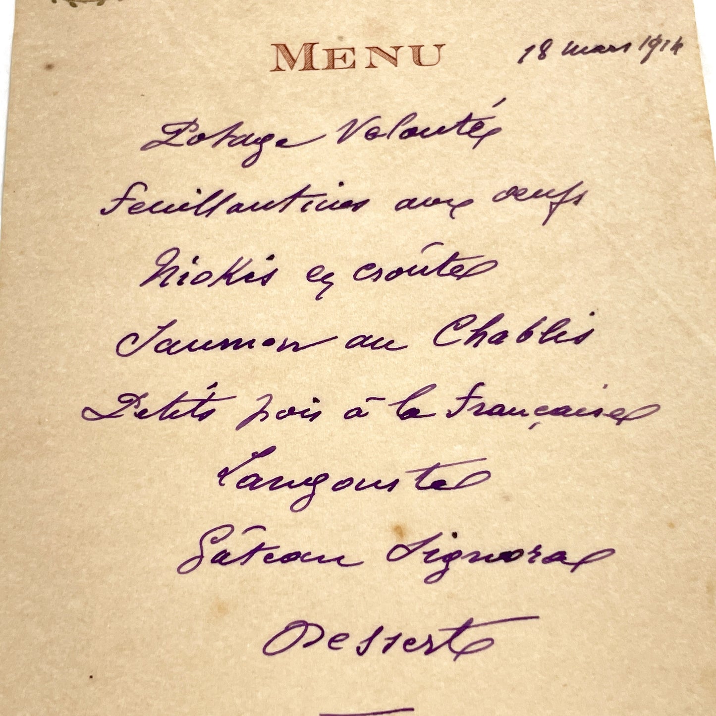 1910s - Historic Handwritten French Dinner Menu from 1914 - Elegant Culinary Document from France - Classic French Cuisine - Vintage Dining
