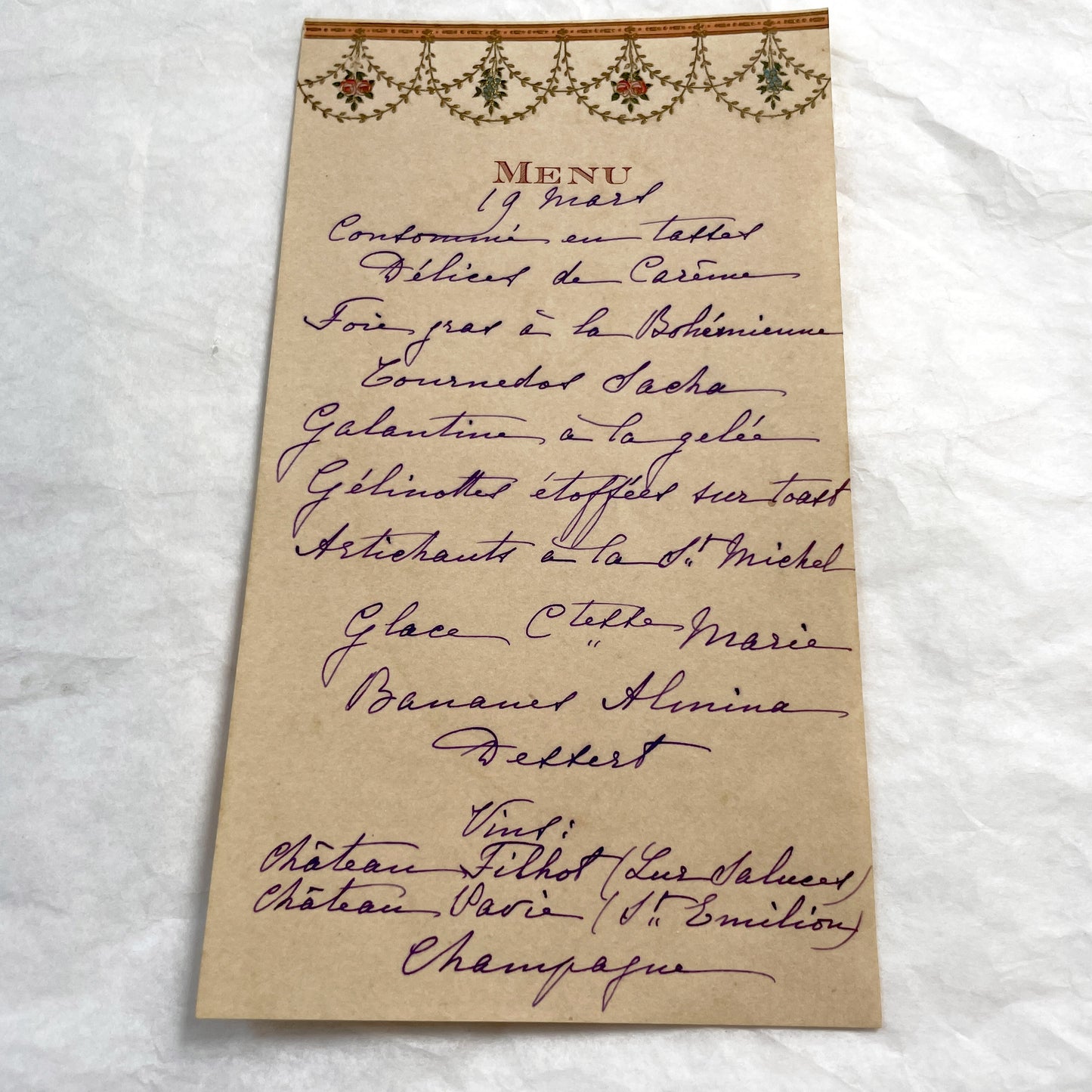 1910s - Vintage French Cuisine Menu - Handwritten Dinner Party Card - Elegant Fine Dining Culinary History Document - March 19th Wines