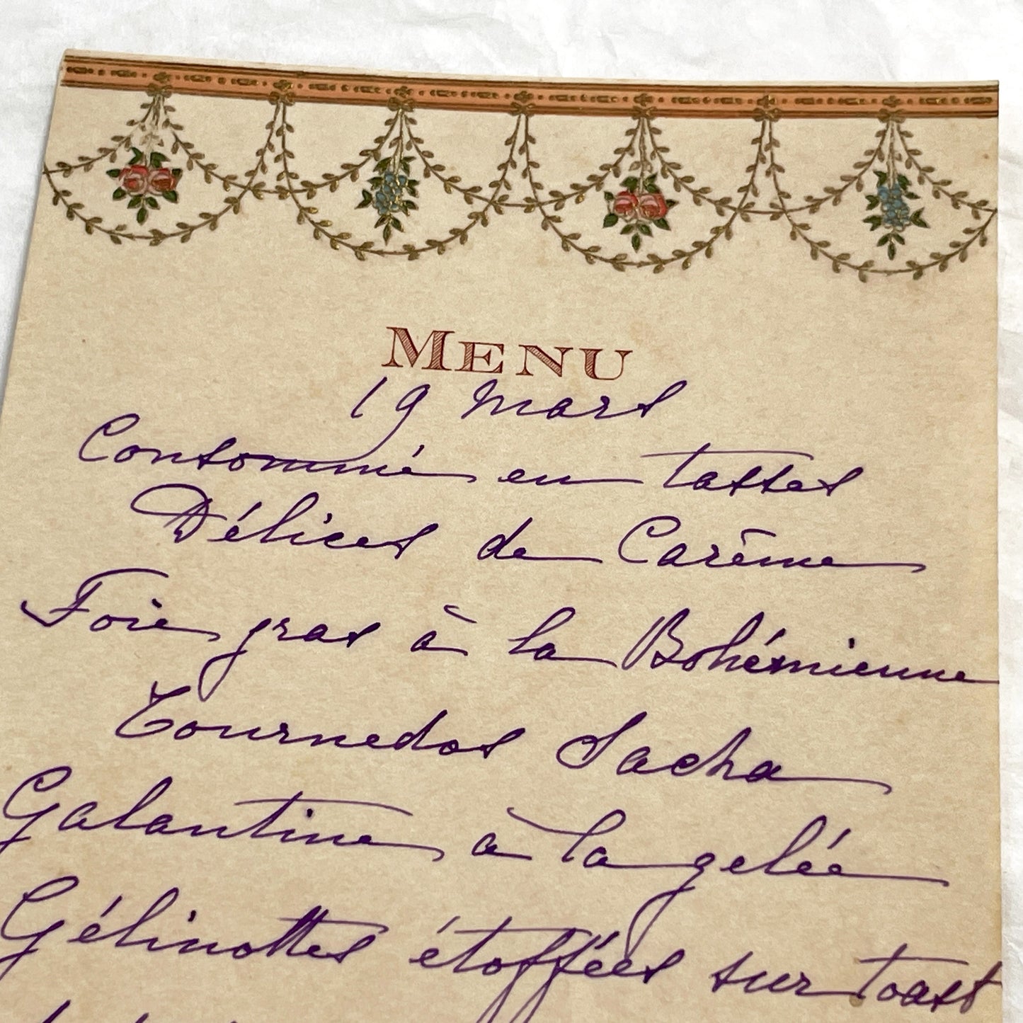 1910s - Vintage French Cuisine Menu - Handwritten Dinner Party Card - Elegant Fine Dining Culinary History Document - March 19th Wines