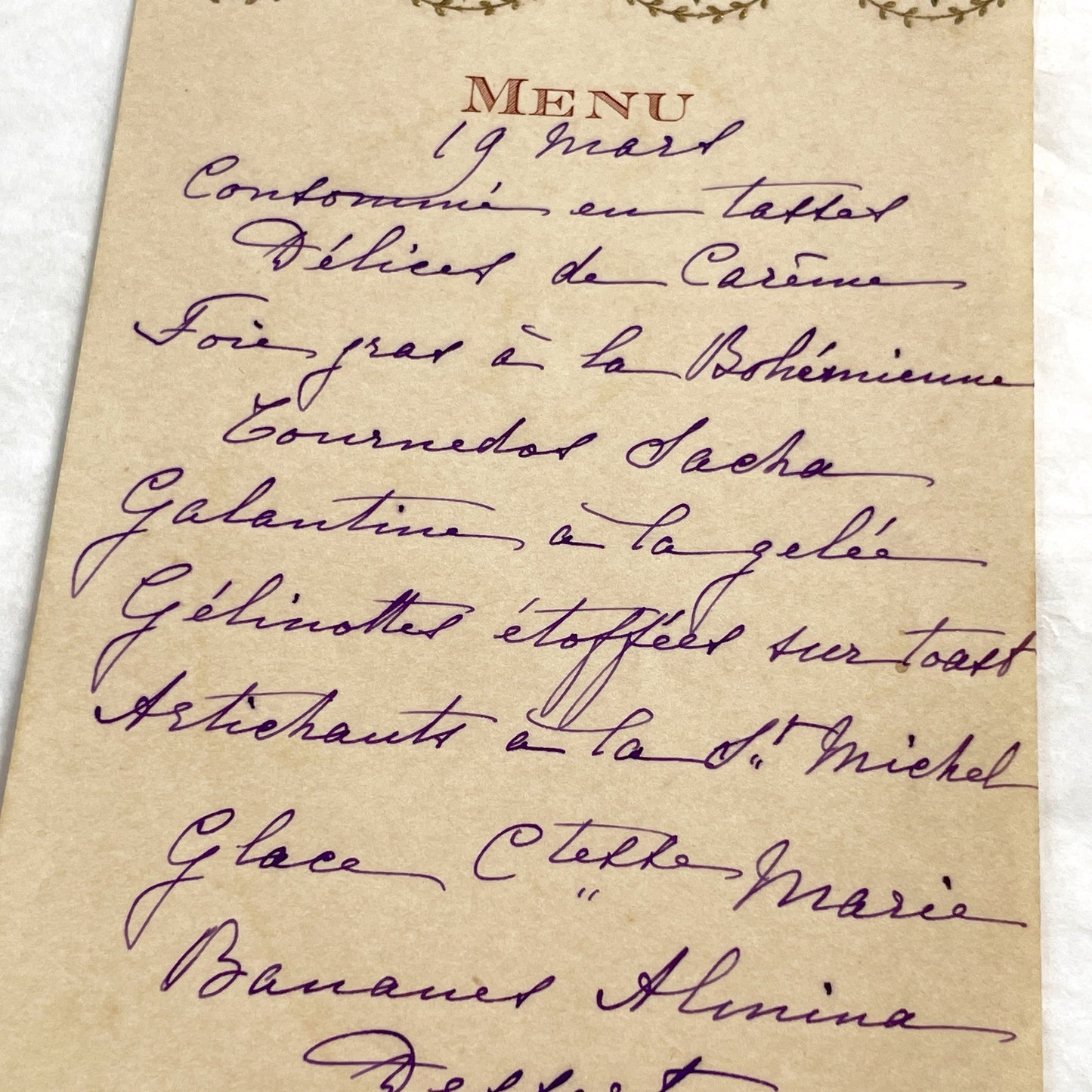 1910s - Vintage French Cuisine Menu - Handwritten Dinner Party Card - Elegant Fine Dining Culinary History Document - March 19th Wines