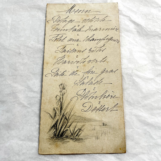 1910s - Vintage Handwritten Menu Card - Elegant French Cuisine - Illustrated Dinner Party Program - Antique Ephemera Collectible