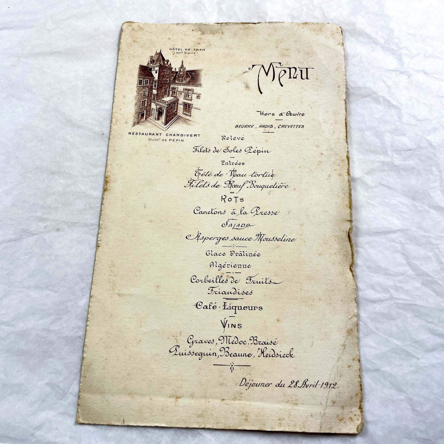 1910s - Large French Restaurant Menu Chandivert 1912 - Fine Dining Culinary Souvenir from Hôtel de Than - Elegant Ephemera
