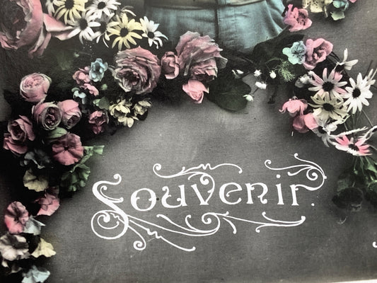 1900s - Vintage Postcard Hand-Colored Child Portrait - Floral Garland - Antique Souvenir Ephemera - French Art Nouveau Era Collectible Print