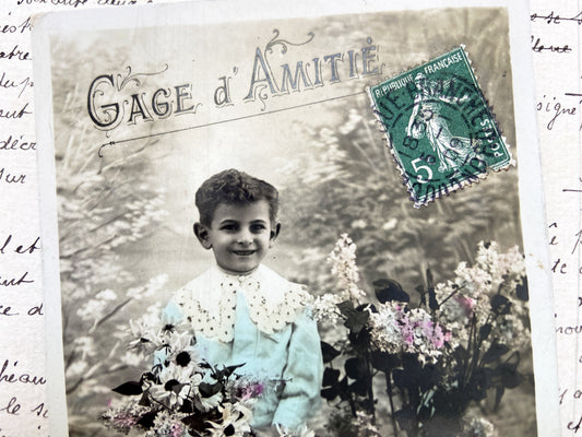 1910s - French Postcard - Young Boy With Flowers - Hand Colored Sepia Photo - Vintage Child Portrait - Antique Sentimental Friendship Card
