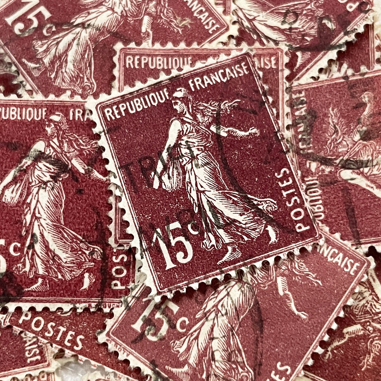 1920s - Lot of 30 Vintage French Postage Stamps – 15 cents - Brown “Semeuse” – Early 20th Century Collectible Ephemera