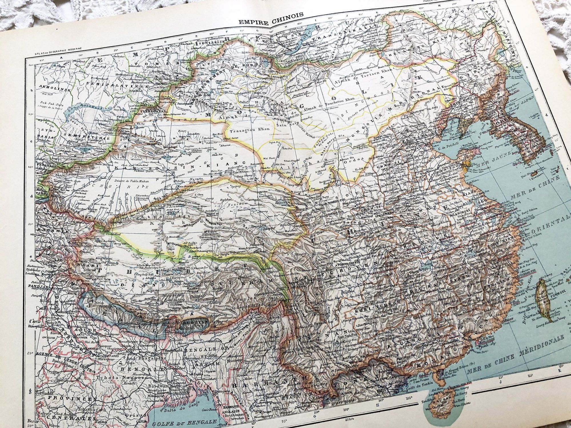Large vintage map of China, Korea, etc. from a French atlas of the 1910s
