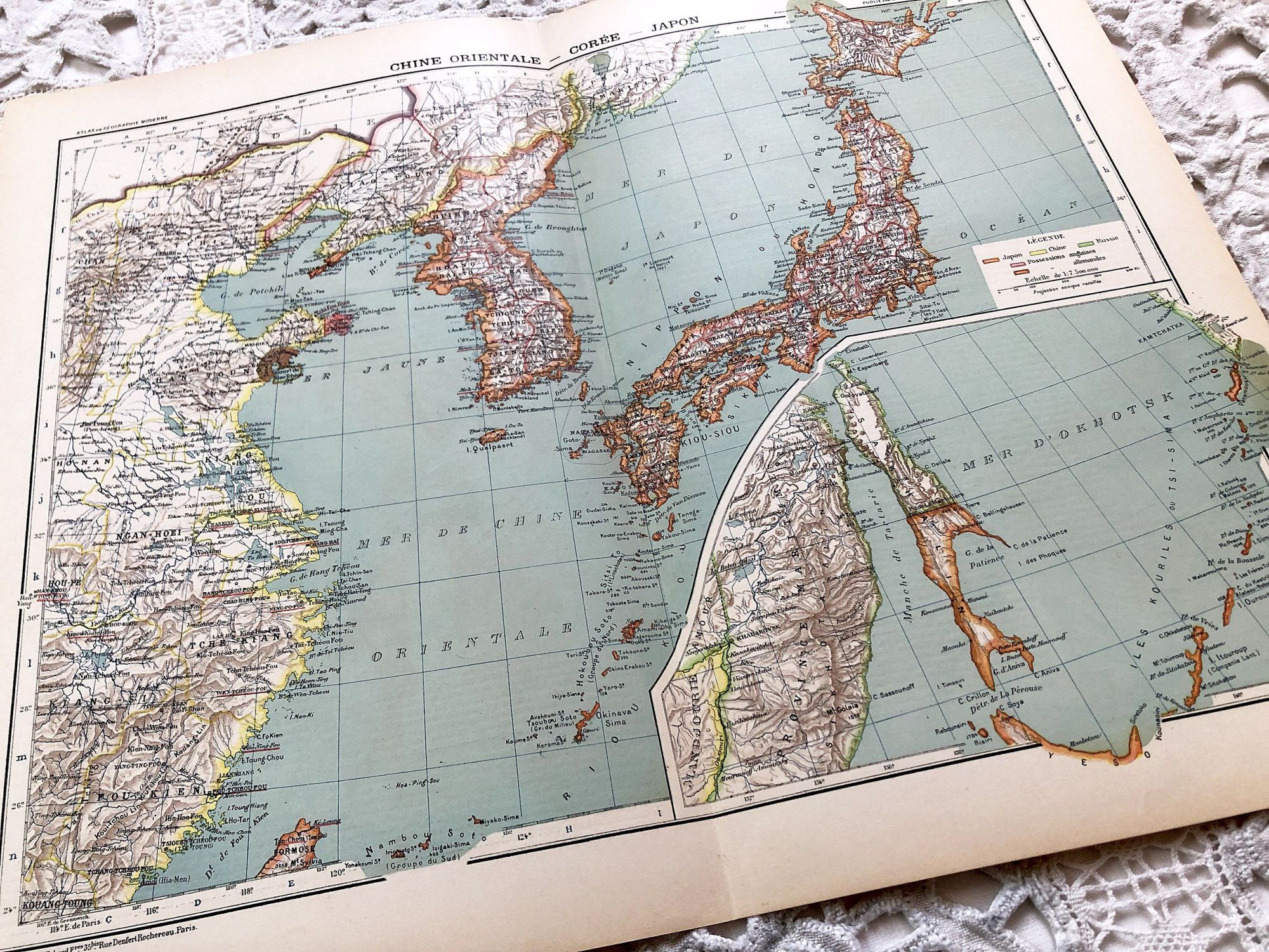 Large vintage map of East China, Korea and Japan from a French atlas of the 1910s