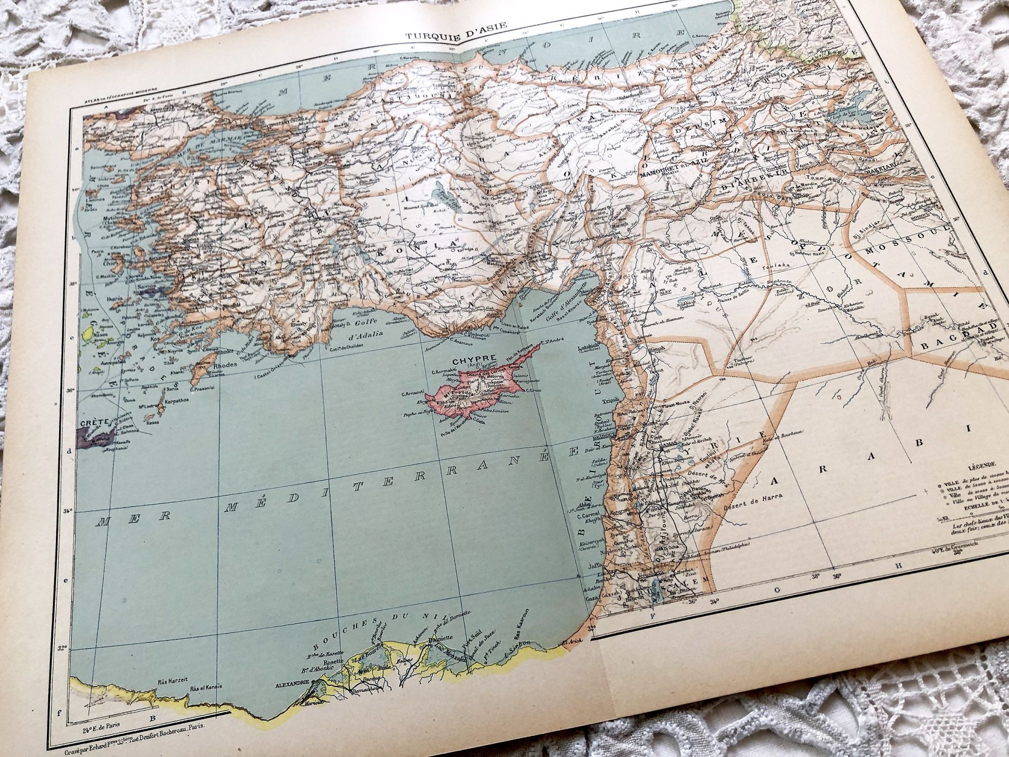 Large vintage map of Turkey, Syria, Lebanon, etc. from a French atlas of the 1910s