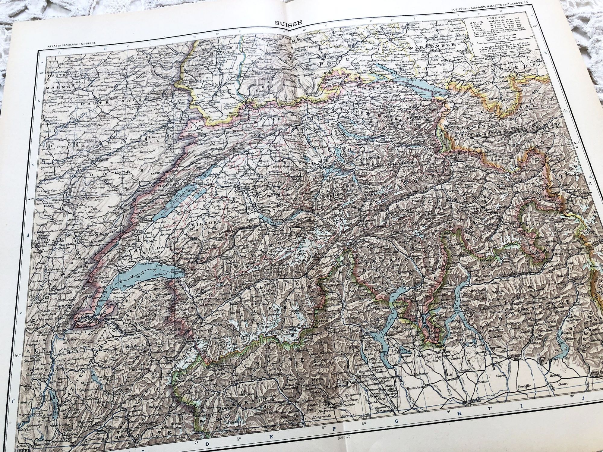 Large vintage map of Switzerland from a French atlas of the 1910s