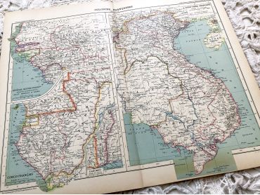 Large vintage map of French colonies in Africa and Asia in 1910 from a French atlas of the 1910s