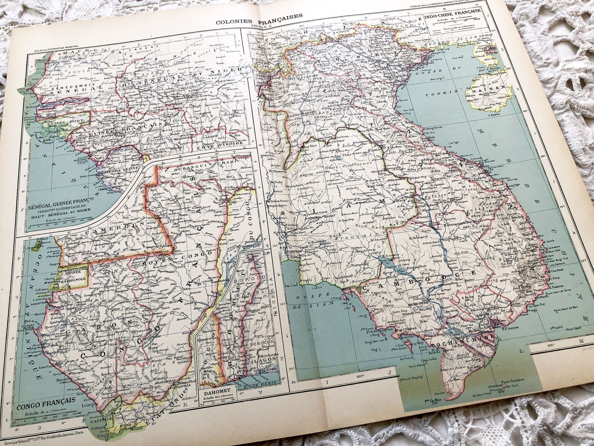 Large vintage map of French colonies in Africa and Asia in 1910 from a French atlas of the 1910s