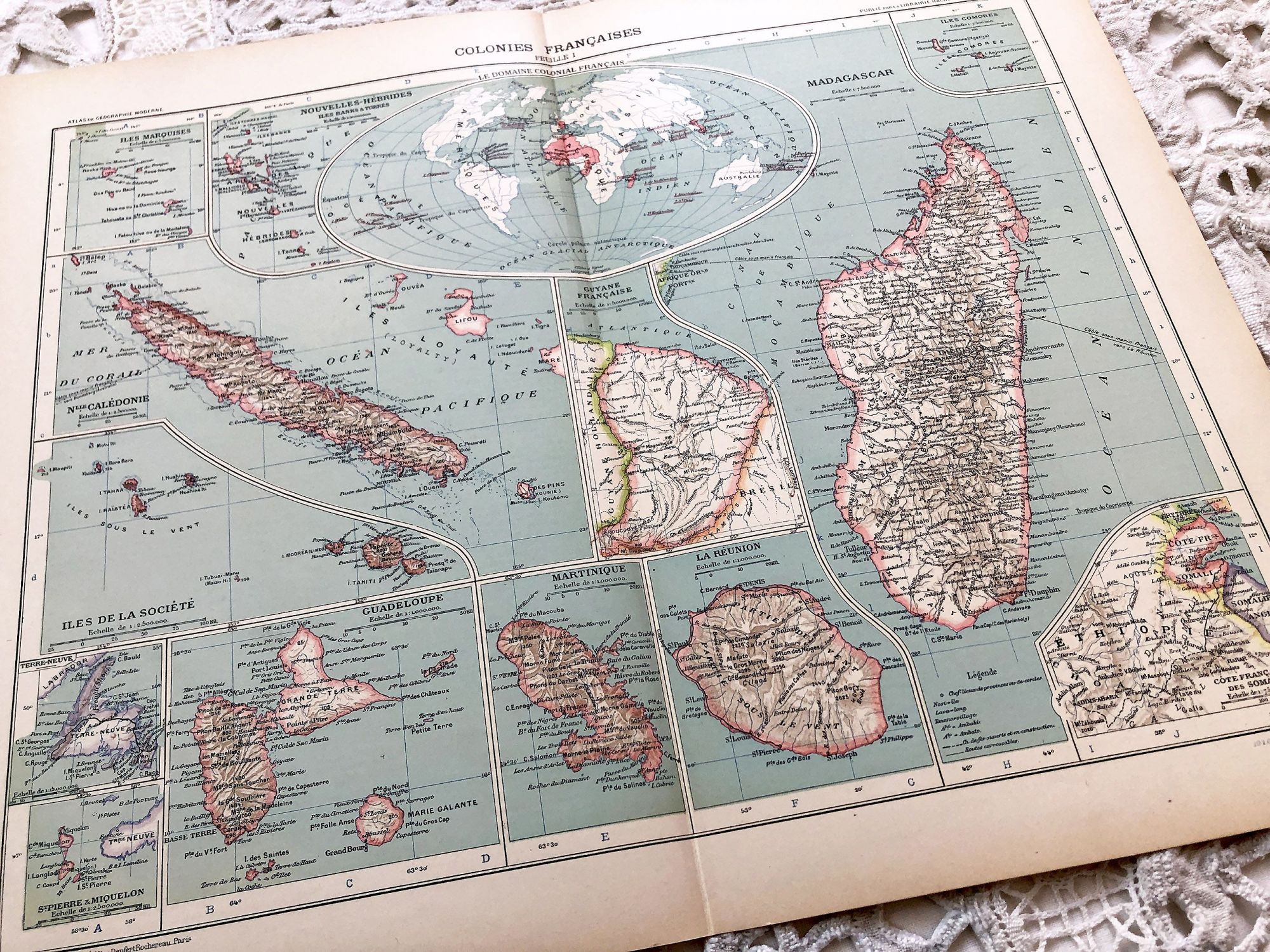 Large vintage map of the French colonies in 1910 from a French atlas of the 1910s