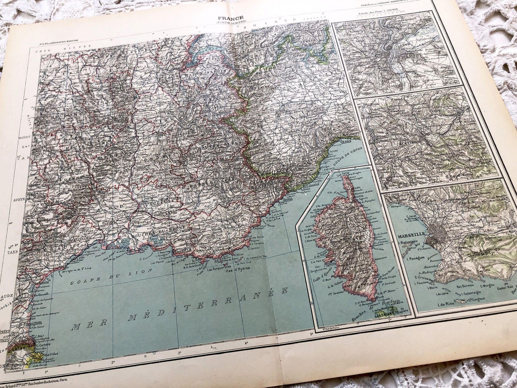 Large vintage map of south-east of France, Corsica, and the cities of Marseille, Lyon from a French atlas of the 1910s