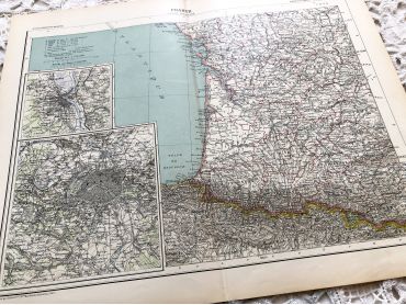 Large vintage map of South-East France and the cities of Paris and Bordeaux from a French atlas of the 1910s