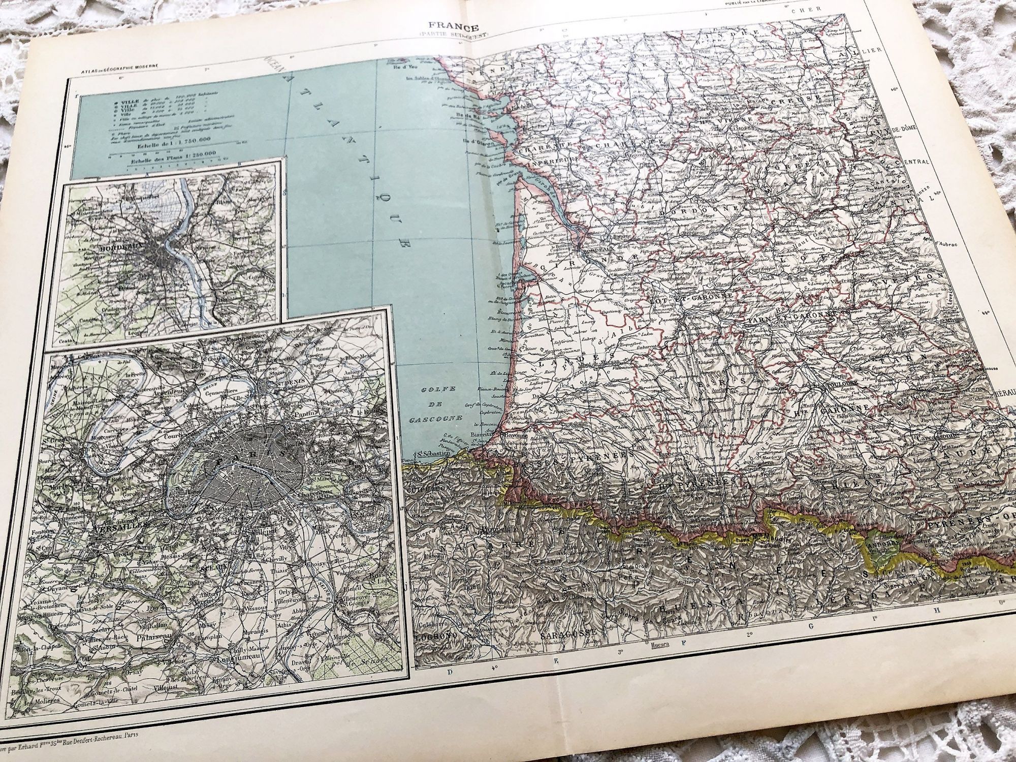 Large vintage map of South-East France and the cities of Paris and Bordeaux from a French atlas of the 1910s