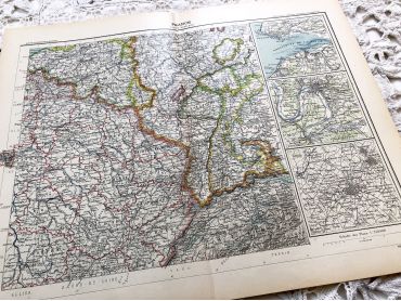 Large vintage map of the north-east of France and the cities of Rouen, Lille and Le Havre from a French atlas of the 1910s