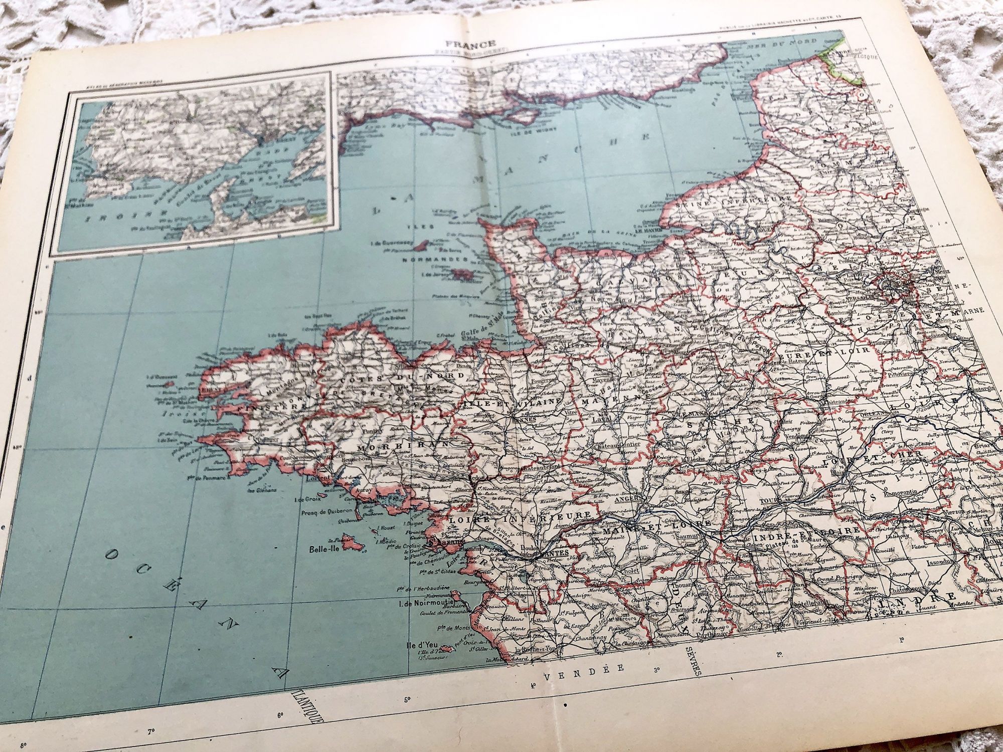 Large vintage map of north-west of France and Brest harbor from a French atlas of the 1910s