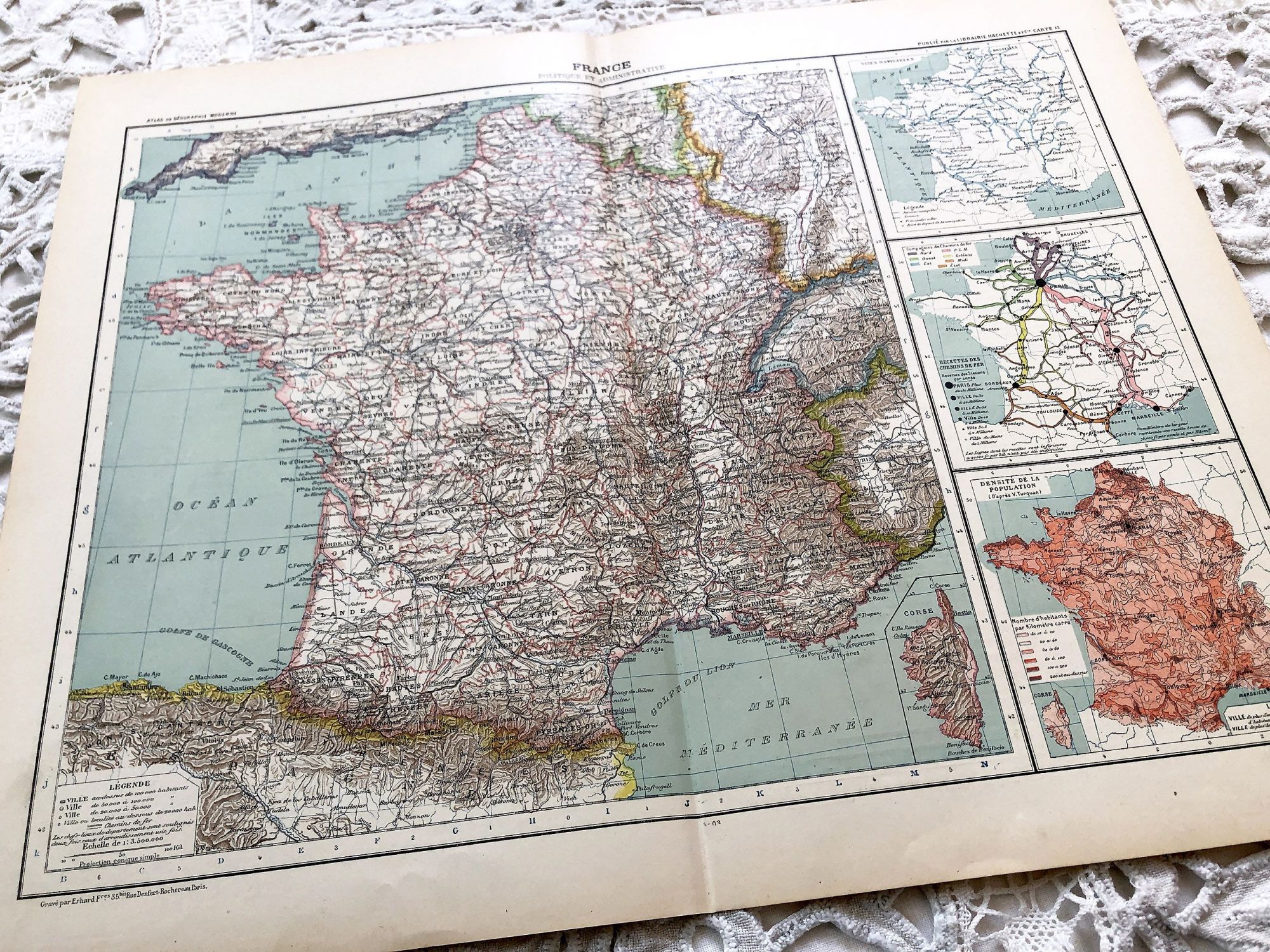 Large vintage map of France physical and administrative from a French atlas of the 1910s