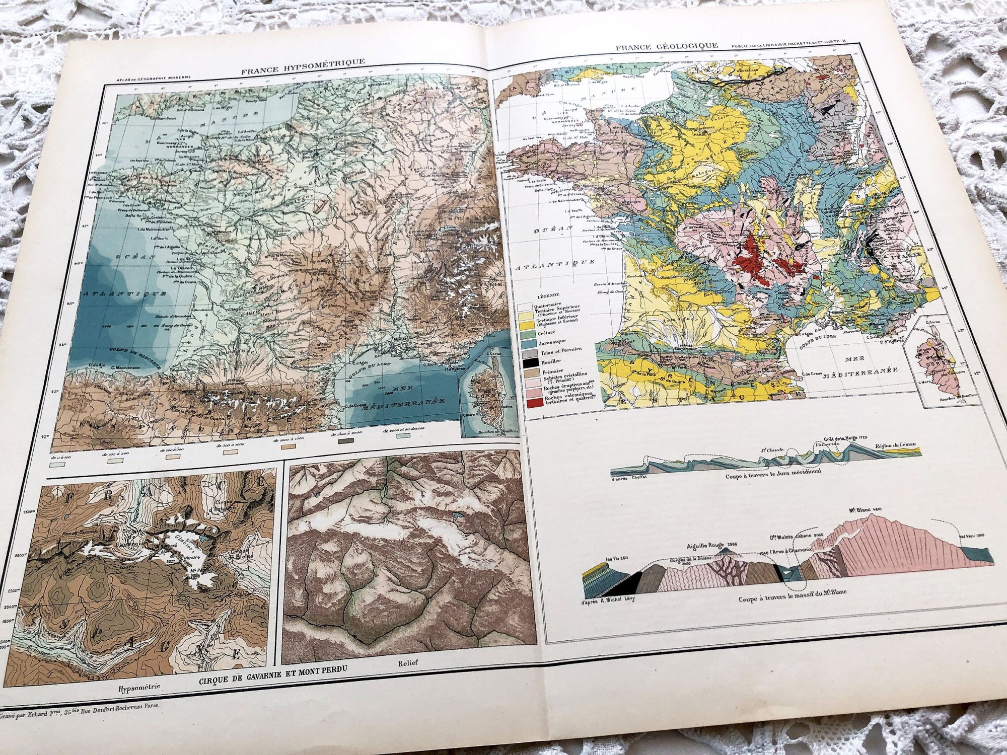 Large vintage map of France geological and hypsometric from a French atlas of the 1910s