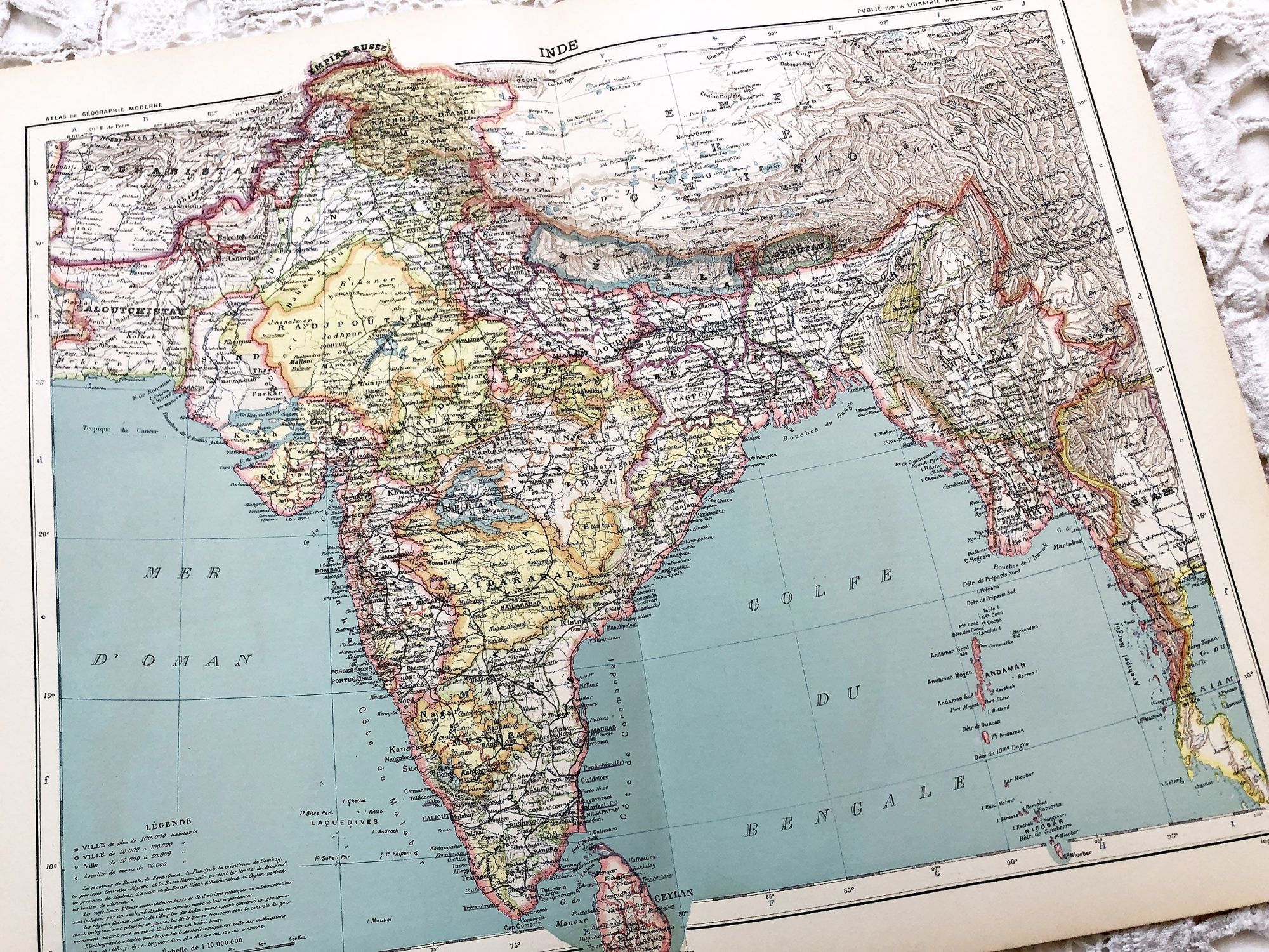 Large vintage map of India and Nepal from a French atlas of the 1910s