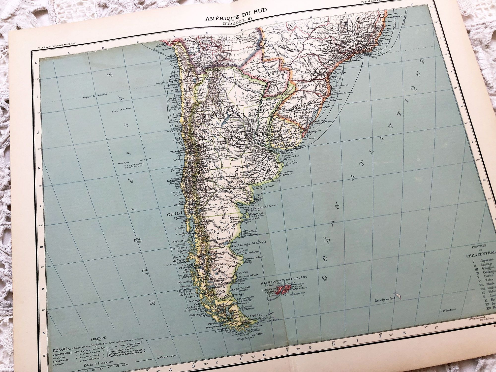 Large vintage map of southern South America (Chili, Brazil, Argentina) from a French atlas of the 1910s