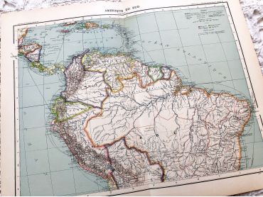 Large vintage map of northern South America (Peru, Surinam, Columbia, etc.) from a French atlas of the 1910s