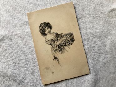Belgium postcard with beautiful illustration representing young girl releasing small birds from their cage - 1910s
