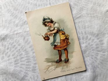 English postcard with beautiful illustration representing a young girl making tea - "Polly and her kettle" - 1910s