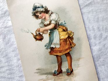 English postcard with beautiful illustration representing a young girl making tea - "Polly and her kettle" - 1910s