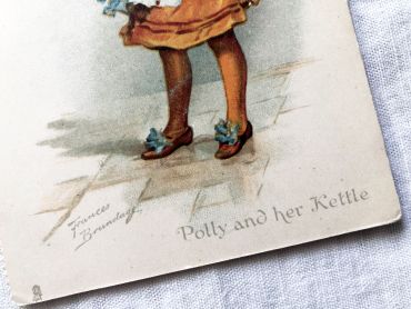 English postcard with beautiful illustration representing a young girl making tea - "Polly and her kettle" - 1910s